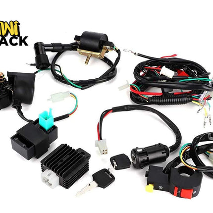 Motorcycle wiring harness kit with various components on a white background, branded 'Kiwi Shack'.