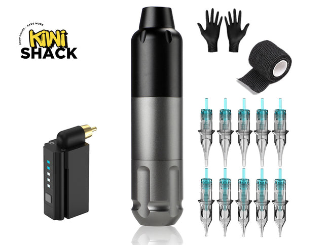 Tattoo machine and accessories with Kiwi Shack logo on a white background