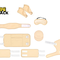 A multi-piece beige support and comfort set by Kiwi Shack, including a waist wrap, ankle sleeves, a head/neck support wrap, a circular cushion, a sleep mask, and a leg wrap, arranged on a white background.