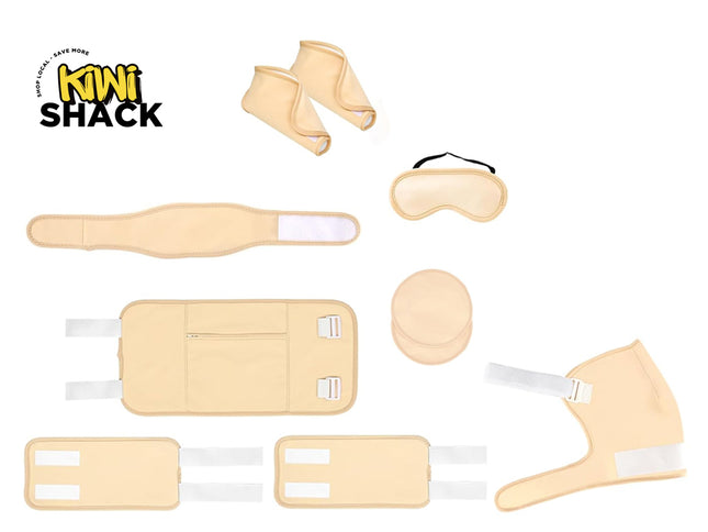 A multi-piece beige support and comfort set by Kiwi Shack, including a waist wrap, ankle sleeves, a head/neck support wrap, a circular cushion, a sleep mask, and a leg wrap, arranged on a white background.