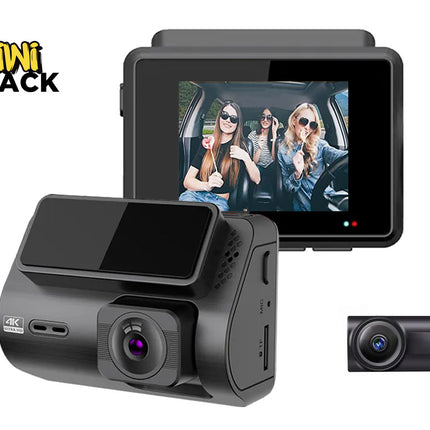 Car dashboard camera system with two cameras and a screen displaying people inside a car, branded 'Kiwi Shack'.