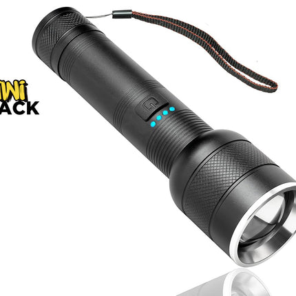Black flashlight with visible brand logo on a white background