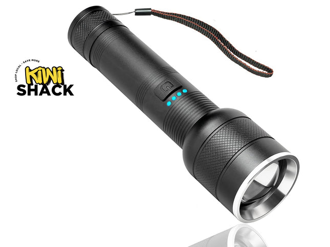 Black flashlight with visible brand logo on a white background