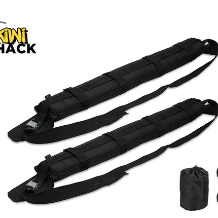 Black straps with buckles and a drawstring bag on a white background, featuring the Kiwi Shack logo.