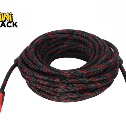 A coiled black and red braided HDMI cable with red and black connectors, featuring the "Kiwi Shack" logo in the top-left corner.