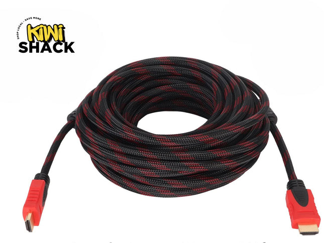 A coiled black and red braided HDMI cable with red and black connectors, featuring the "Kiwi Shack" logo in the top-left corner.