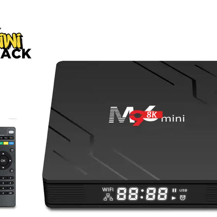 Black electronic device with 'M6 8K mini' branding and remote control on a white background, featuring Kiwi Shack logo.