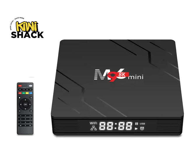 Black electronic device with 'M6 8K mini' branding and remote control on a white background, featuring Kiwi Shack logo.