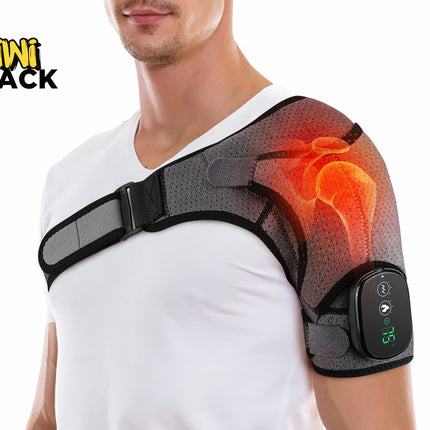 Kiwi Shack heated shoulder brace and massager wrap with digital control panel and adjustable compression straps.
