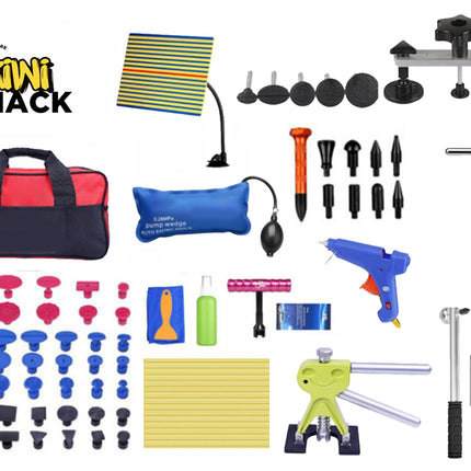 Comprehensive automotive paintless dent repair (PDR) kit including a red-and-black tool bag, yellow-and-black reflection line board, blue air pump wedge, glue gun, green lever puller, T-bar slide hammer, tapping pen with interchangeable tips, rubber/metal hammers, multiple rows of pink/blue/black glue puller tabs, glue sticks, and accessories, branded with the "Kiwi Shack" logo in the top-left corner.