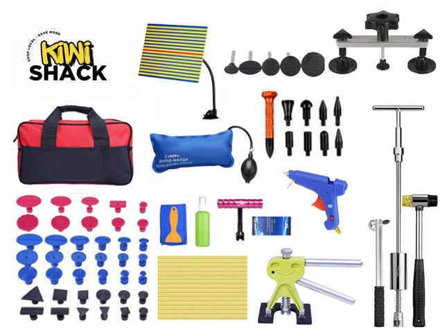 Comprehensive automotive paintless dent repair (PDR) kit including a red-and-black tool bag, yellow-and-black reflection line board, blue air pump wedge, glue gun, green lever puller, T-bar slide hammer, tapping pen with interchangeable tips, rubber/metal hammers, multiple rows of pink/blue/black glue puller tabs, glue sticks, and accessories, branded with the "Kiwi Shack" logo in the top-left corner.