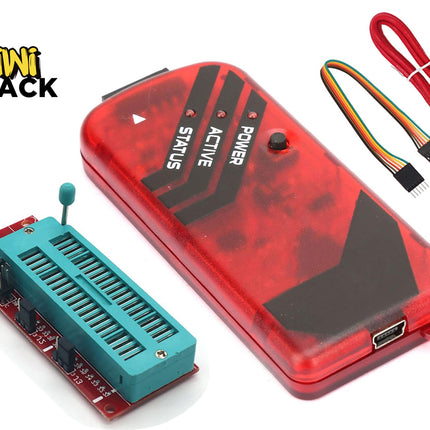 A red translucent electronic programmer device with a black status LED and white printed labels, shown with a turquoise ZIF connector board and a red USB cable on a white background. The Kiwi Shack logo is visible in the top-left corner.