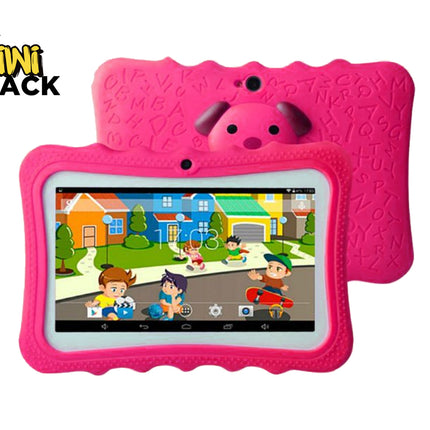Children's tablet with pink case displaying a cartoon scene, branded as Kiwi Shack.