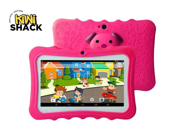 Children's tablet with pink case displaying a cartoon scene, branded as Kiwi Shack.