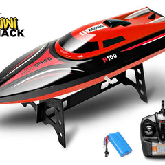 Red and black high-speed RC boat with remote control and battery on a white background, featuring the Kiwi Shack brand.