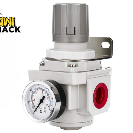 A white and gray pneumatic air pressure regulator valve featuring an integrated pressure gauge with bar and psi scales, red port connections, an adjustment knob on top, and a mounting bracket, featuring a "Kiwi Shack" logo in the top left corner.