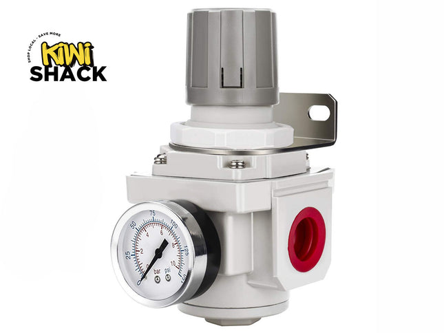 A white and gray pneumatic air pressure regulator valve featuring an integrated pressure gauge with bar and psi scales, red port connections, an adjustment knob on top, and a mounting bracket, featuring a "Kiwi Shack" logo in the top left corner.