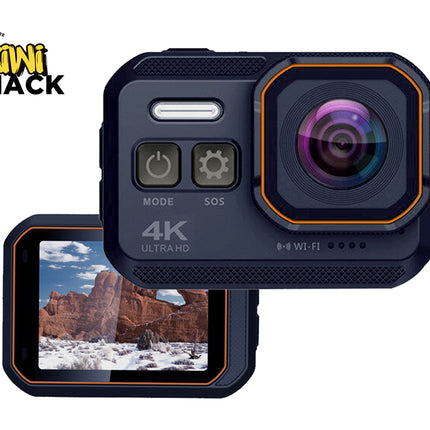 Action camera with a screen displaying a mountainous landscape, branded as Kiwi Shack.