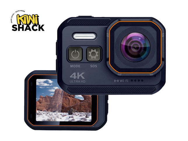 Action camera with a screen displaying a mountainous landscape, branded as Kiwi Shack.