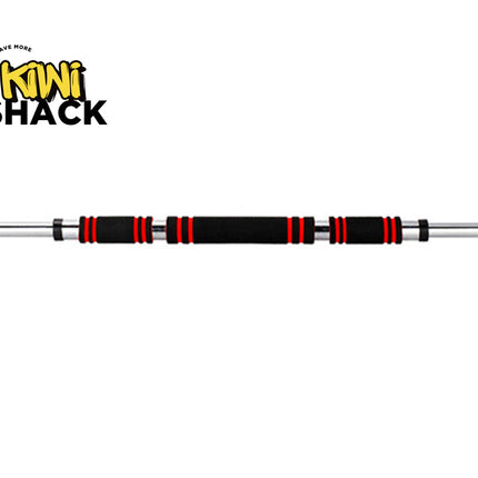 Barbell with black and red design on a white background, featuring the Kiwi Shack logo.