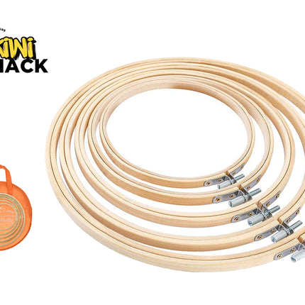 Set of embroidery hoops with a Kiwi Shack logo on a white background