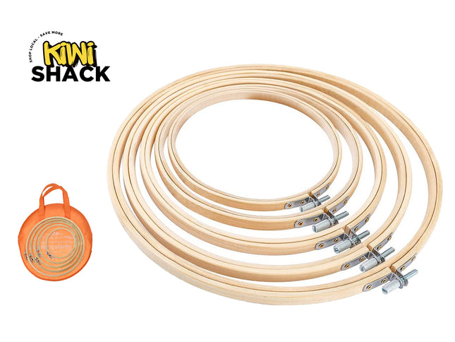 Set of embroidery hoops with a Kiwi Shack logo on a white background