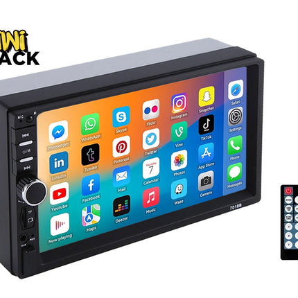 Car multimedia player with touchscreen display and remote control, branded 'Kiwi Shack'.