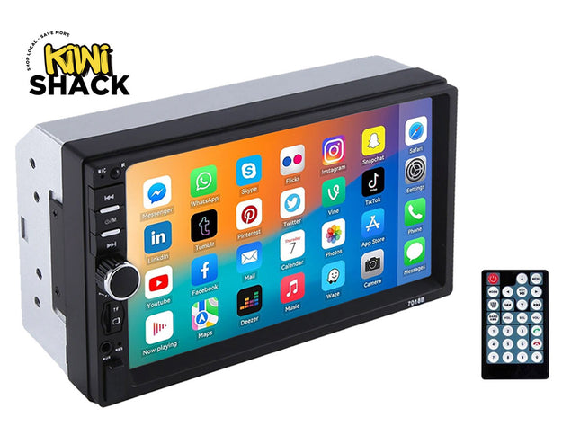 Car multimedia player with touchscreen display and remote control, branded 'Kiwi Shack'.