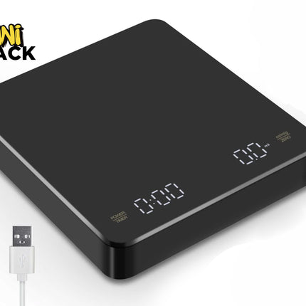 Kiwi Shack digital coffee scale with timer, LED display, and USB-C charging cable.
