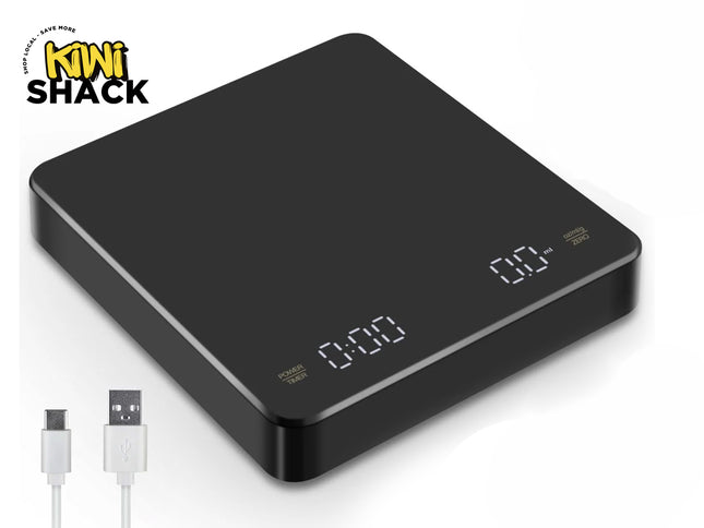 Kiwi Shack digital coffee scale with timer, LED display, and USB-C charging cable.