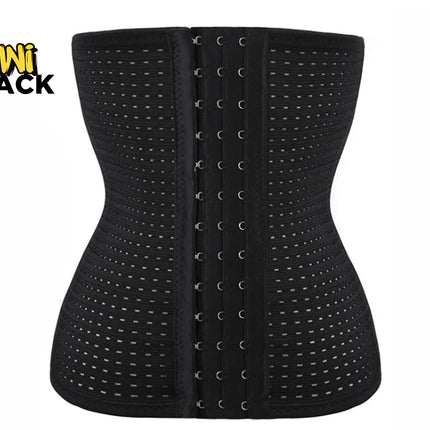 Black perforated waist trainer shapewear corseted waist cincher with central hook-and-eye front closure rows, branded with the "Kiwi Shack" logo in the top-left corner.