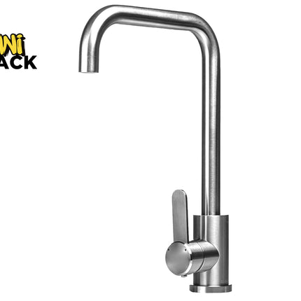 A brushed stainless steel kitchen faucet with a high-arc spout and a single lever handle, featuring the "Kiwi Shack" logo in the top-left corner.