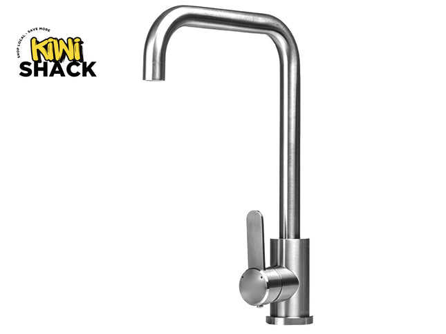 A brushed stainless steel kitchen faucet with a high-arc spout and a single lever handle, featuring the "Kiwi Shack" logo in the top-left corner.