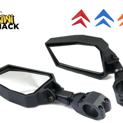 Two black motorcycle side mirrors with adjustable clamp mounts on a white background, featuring the Kiwi Shack logo and three colored chevron icons at the top.