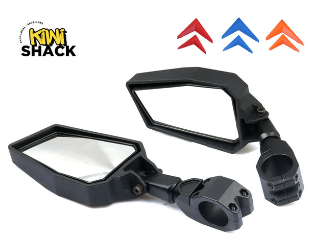 Two black motorcycle side mirrors with adjustable clamp mounts on a white background, featuring the Kiwi Shack logo and three colored chevron icons at the top.