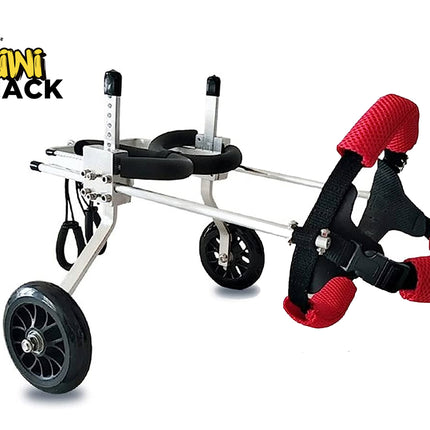 Dog cart with red straps and black wheels on a white background, featuring the Kiwi Shack logo.