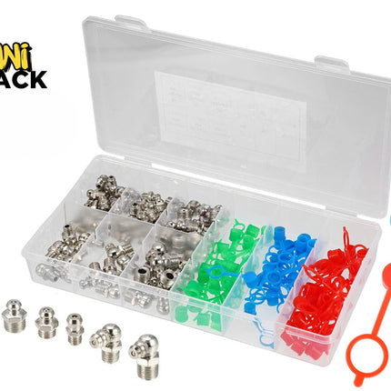 An assortment kit of steel grease fittings and colorful protective caps organized inside a compartmentalized clear plastic storage box, featuring a "Kiwi Shack" logo in the top left corner.