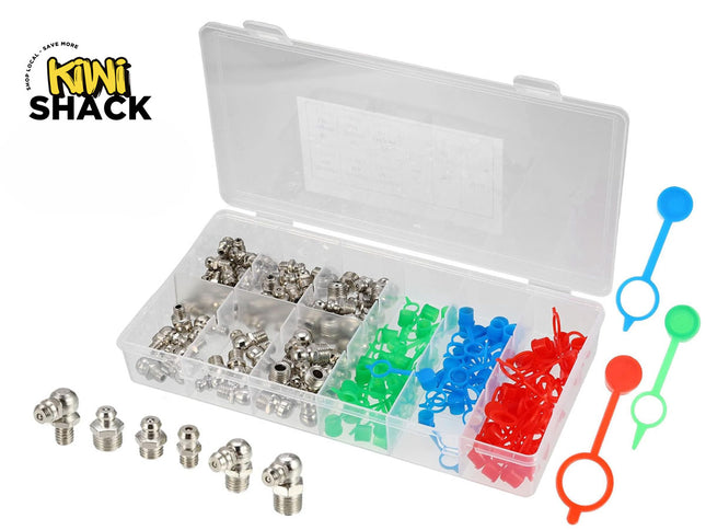An assortment kit of steel grease fittings and colorful protective caps organized inside a compartmentalized clear plastic storage box, featuring a "Kiwi Shack" logo in the top left corner.