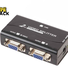 A black 2-port VGA video splitter box featuring two output VGA ports on the front and labeled text on top, set against a white background. A "Kiwi Shack" logo appears in the top-left corner.