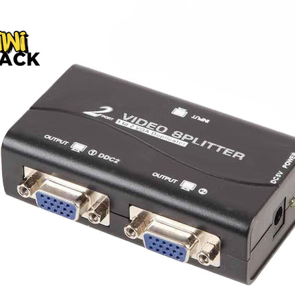 A black 2-port VGA video splitter box featuring two output VGA ports on the front and labeled text on top, set against a white background. A "Kiwi Shack" logo appears in the top-left corner.