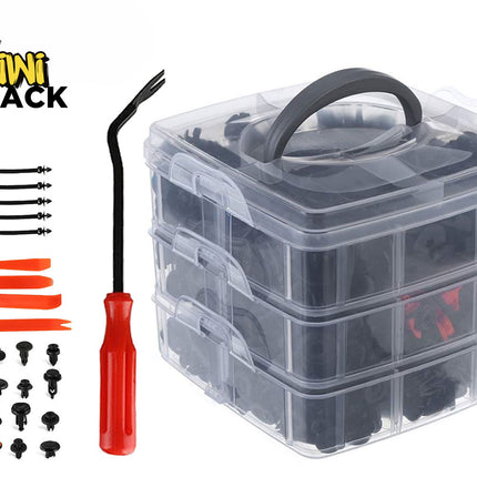 A three-tier clear plastic storage organizer filled with an assortment of automotive push clips and fasteners, displayed alongside a red-handled fastener removal tool, orange trim removal tools, and zip ties against a white background. A "Kiwi Shack" logo appears in the top-left corner.