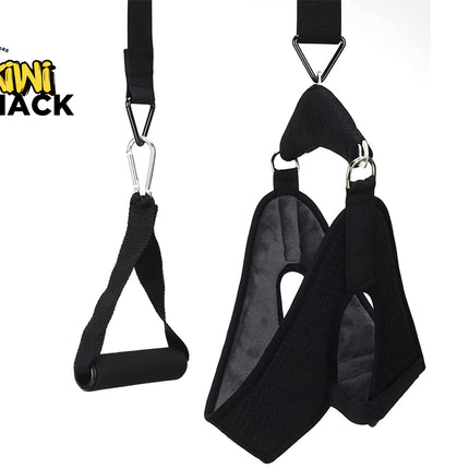 Black exercise straps with attachments on a white background, branded with 'Kiwi Shack'.