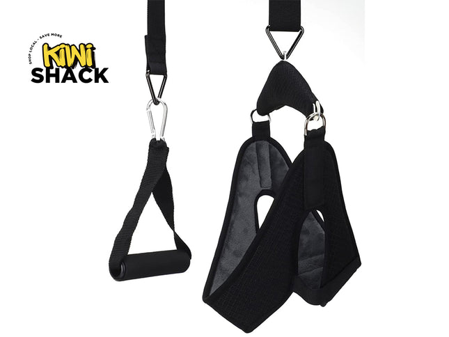 Black exercise straps with attachments on a white background, branded with 'Kiwi Shack'.