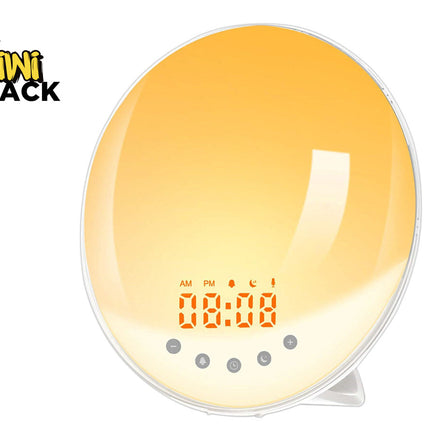 An oval Kiwi Shack LED light therapy pillow lamp glowing with a warm yellow-orange gradient, featuring a digital display showing 00:00 and five control buttons below, set against a plain white background with the Kiwi Shack logo in the top-left corner.
