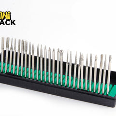 A set of 28 silver diamond drill bits organized in a black plastic tray with a green insert, shown on a white background with the Kiwi Shack logo in the top-left corner.