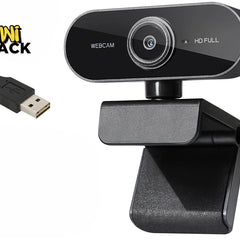 A black mini USB webcam with a clip-on stand, shown alongside its USB connector cable. The brand logo 'Kini Shack' is visible in the top left corner on a plain white background.