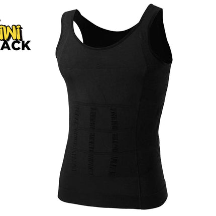 Black men's compression shaping tank top with targeted abdominal contouring panels, scoop neckline, and Kiwi Shack logo in top left.