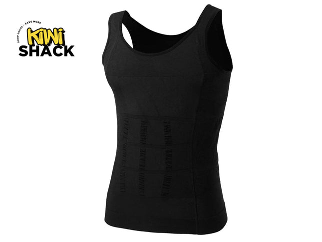 Black men's compression shaping tank top with targeted abdominal contouring panels, scoop neckline, and Kiwi Shack logo in top left.