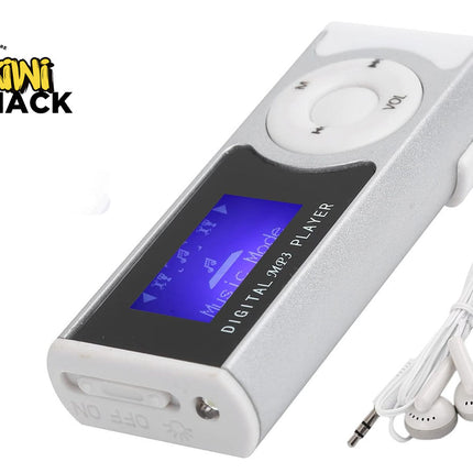 Digital MP3 player with earphones on a white background, branded 'Kiwi Shack'.