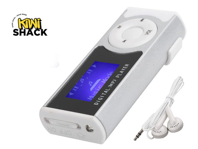 Digital MP3 player with earphones on a white background, branded 'Kiwi Shack'.